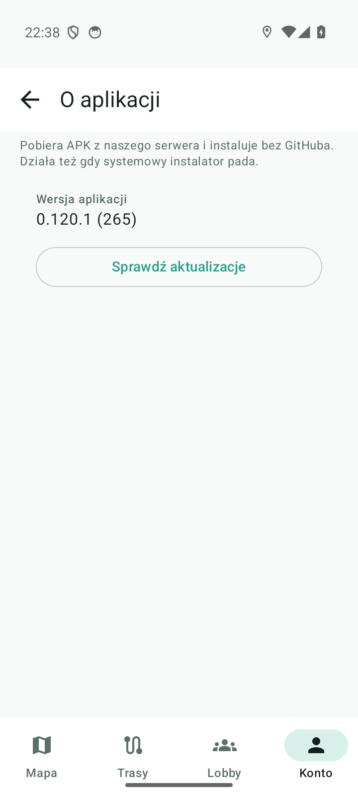 Ustawienia → O aplikacji: wersja aplikacji 0.120.1 (265) i przycisk Sprawdź aktualizacje