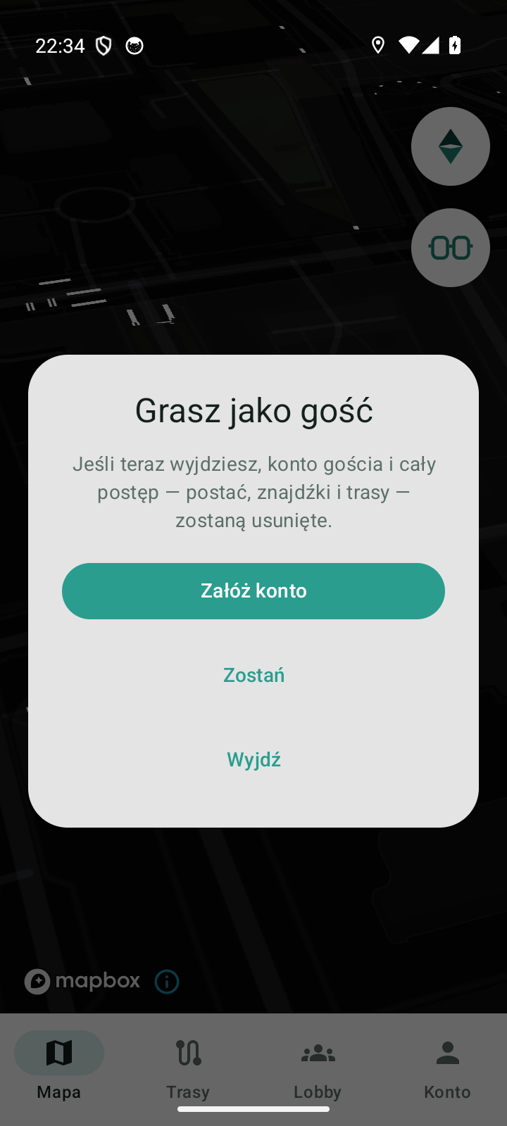 Dialog wyjścia z trybu gościa z przyciskami Załóż konto, Zostań i Wyjdź