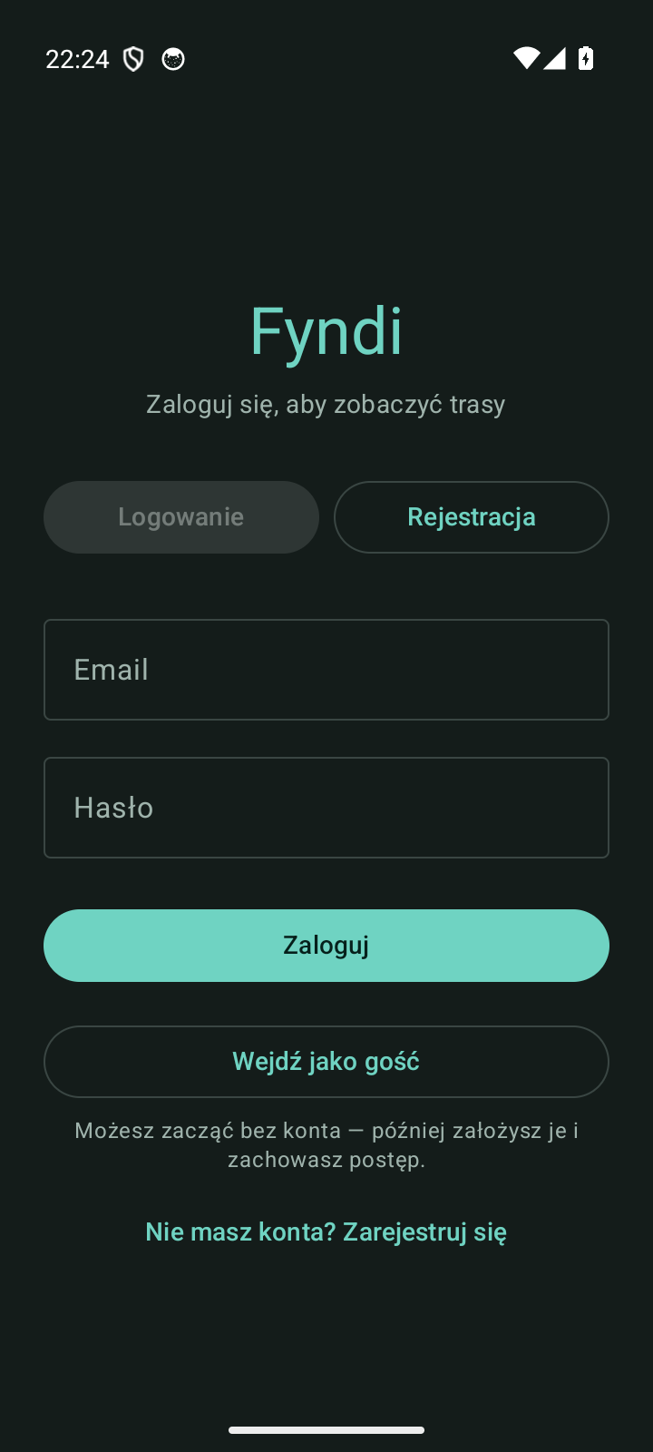 Ekran logowania Fyndi z przyciskami Logowanie, Rejestracja, polami e-mail i hasło oraz przyciskiem Wejdź jako gość