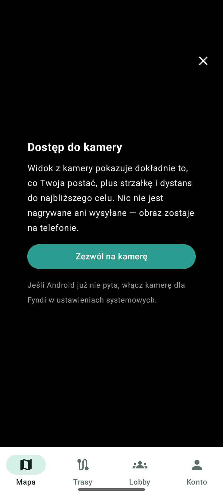 Ekran zgody na dostęp do kamery: przycisk Zezwól na kamerę i wskazówka, gdzie włączyć ją w ustawieniach Androida