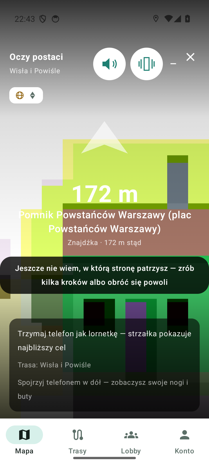 Widok Oczy postaci: HUD z dystansem do celu (172 m), nazwą celu, przełącznikami dźwięku i wibracji oraz wskaźnikami VPS i kierunku
