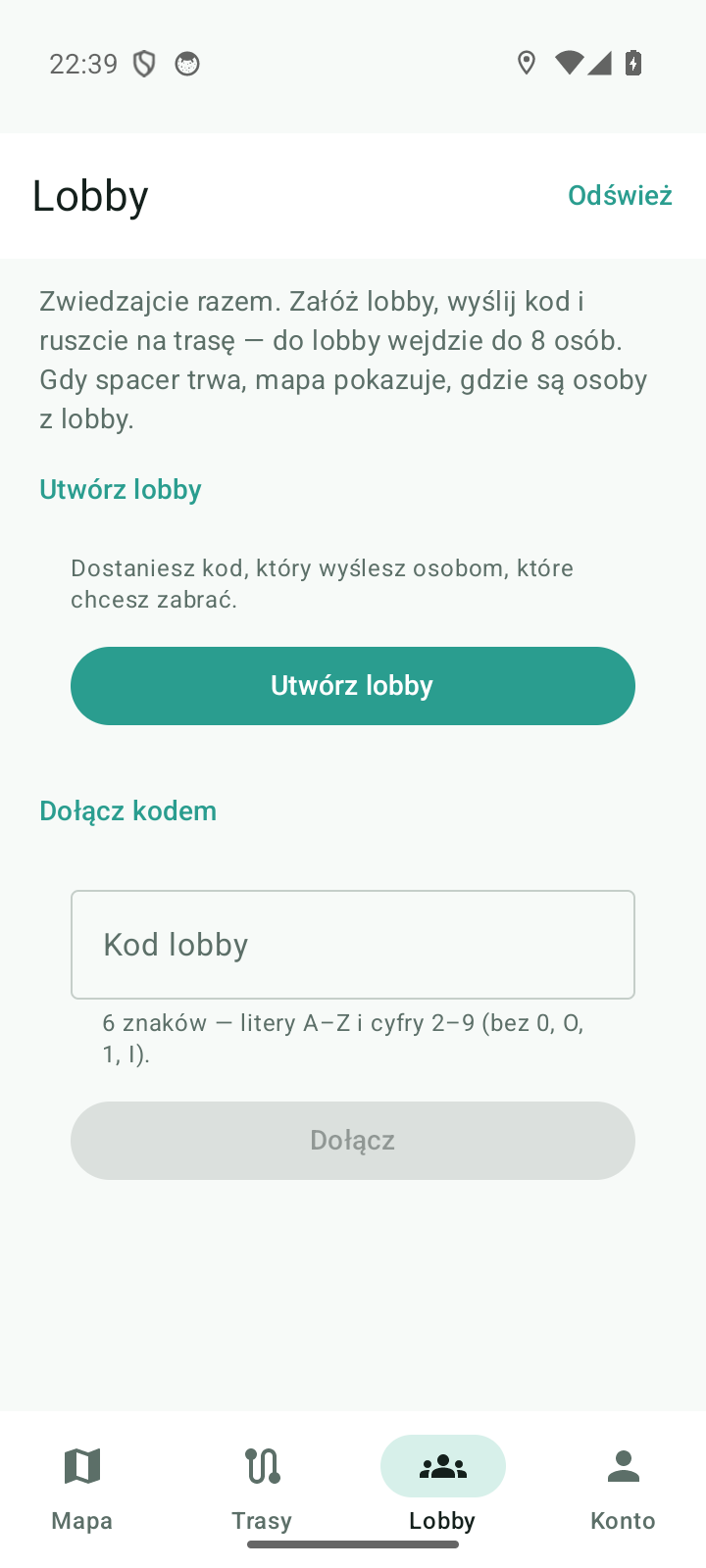 Ekran Lobby: opis wspólnego zwiedzania, przycisk Utwórz lobby i dołączanie sześcioznakowym kodem