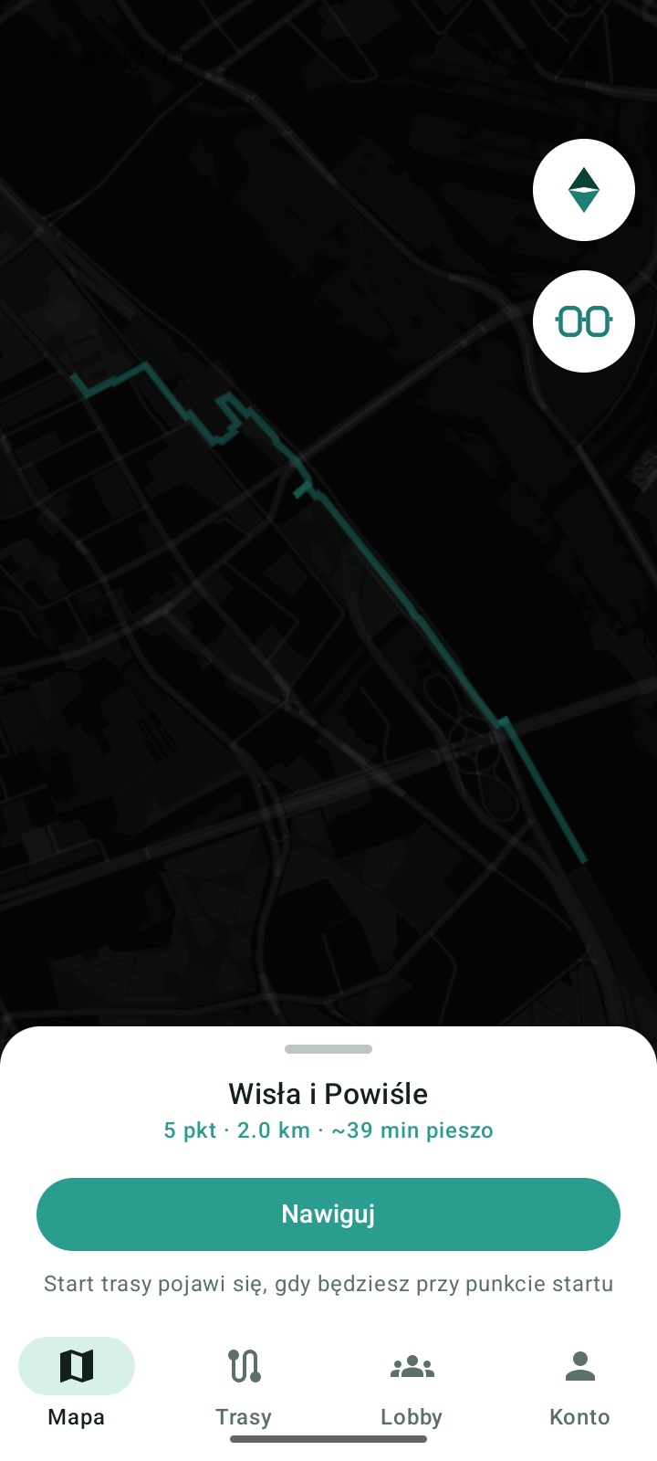 Mapa w trakcie zwiedzania: przebieg trasy Wisła i Powiśle oraz karta trasy z przyciskiem Nawiguj i licznikiem punktów 1/5