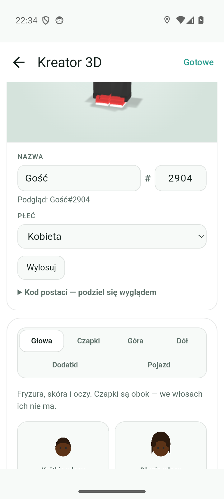 Szafa w kreatorze: zakładki Głowa, Czapki, Góra, Dół, Dodatki, Pojazd i kafelki ubrań
