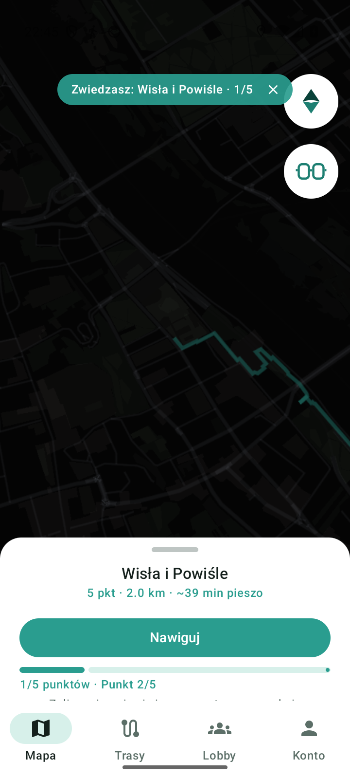 Trasa w trakcie zwiedzania: chip Zwiedzasz: Wisła i Powiśle · 1/5 z przyciskiem Zakończ zwiedzanie, karta trasy i licznik punktów
