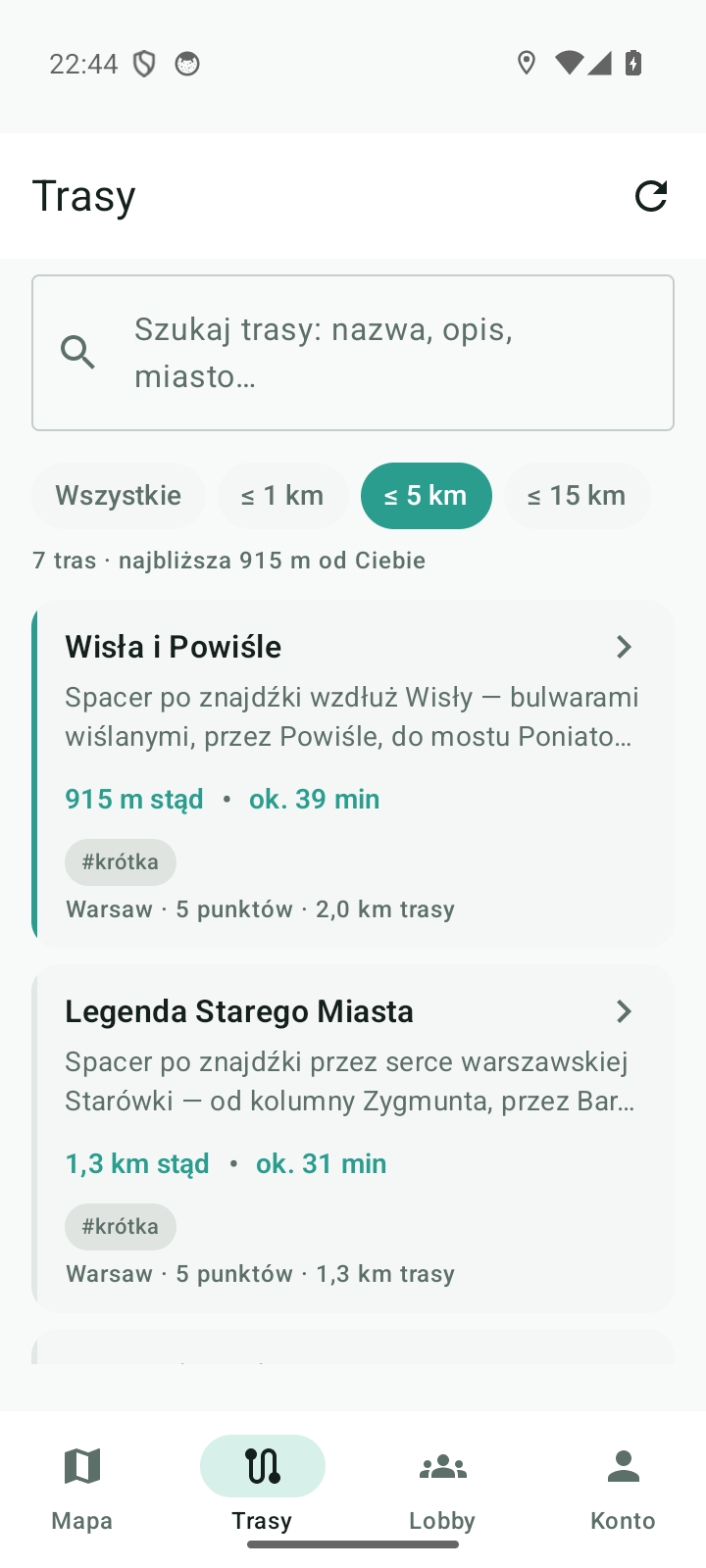 Lista tras w aplikacji: filtry odległości, najbliższa trasa 915 m od Ciebie