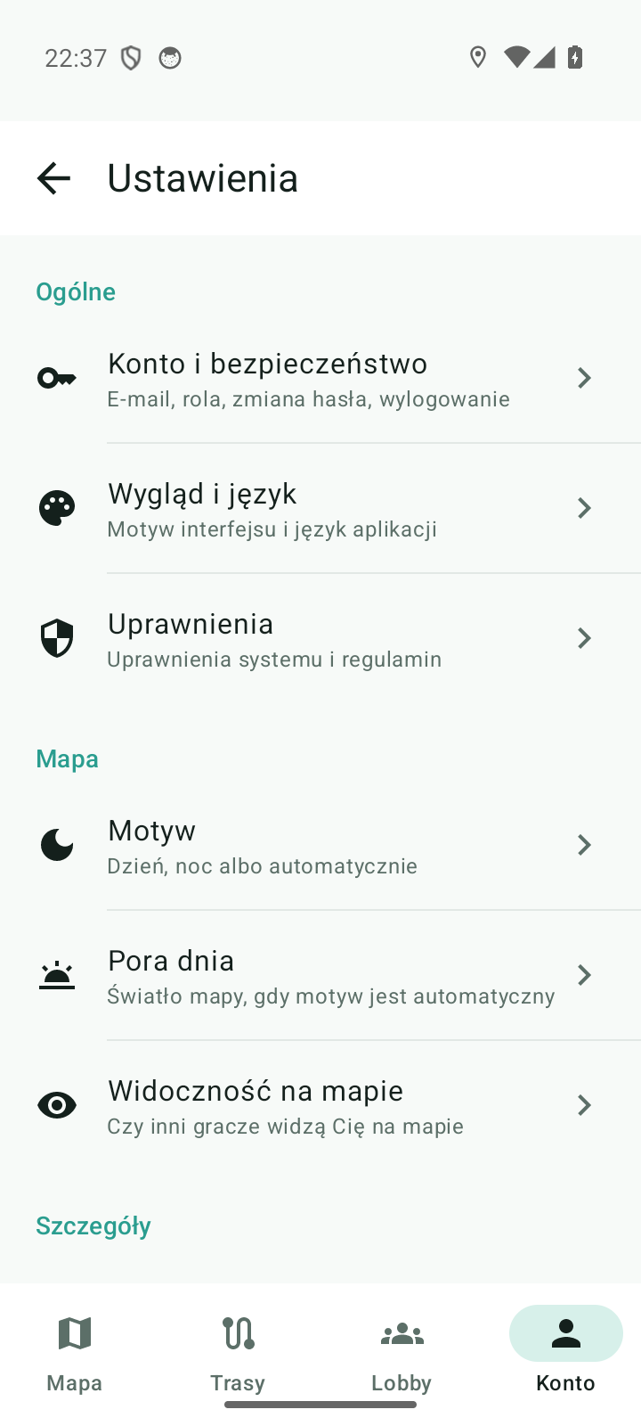 Ekran Ustawień: grupy Konto i bezpieczeństwo, Wygląd i język, Uprawnienia, Mapa, Szczegóły