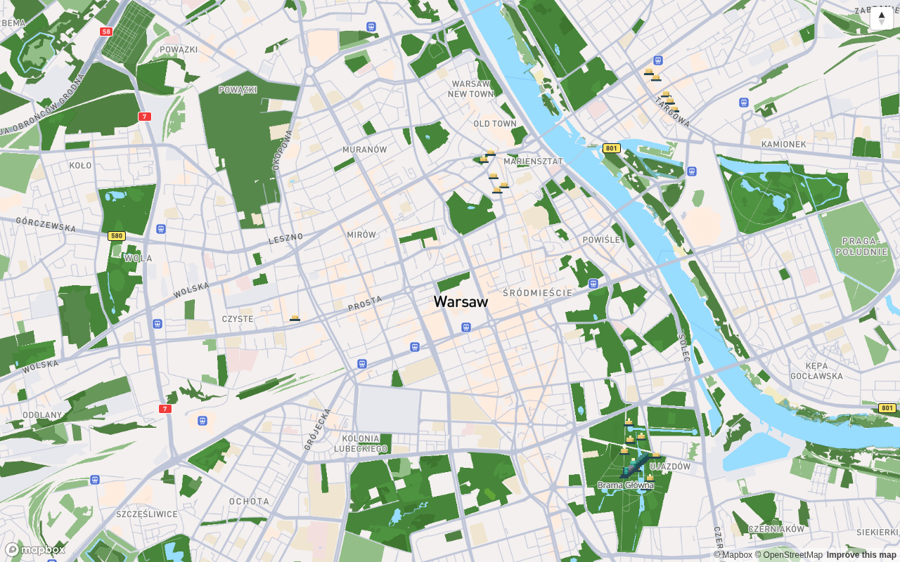 Mapa miasta z widocznymi znacznikami znajdziek