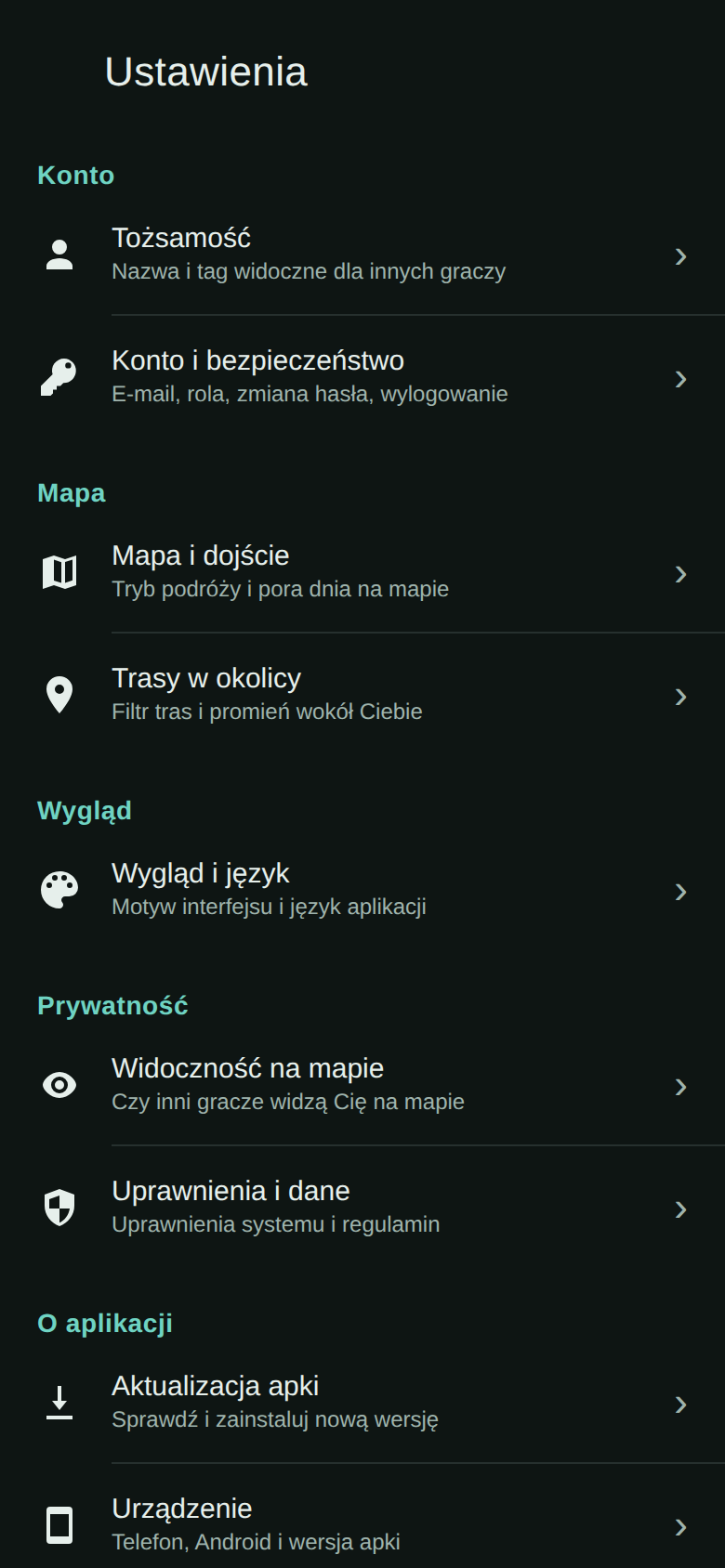 Ekran Ustawień aplikacji — grupy Konto, Mapa, Wygląd, Prywatność, O aplikacji, z sekcją Konto i bezpieczeństwo: E-mail, rola, zmiana hasła, wylogowane.